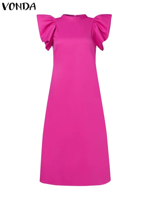 Summer Satin Silk Dress, Puff Sleeve Stand Collar - Image 3