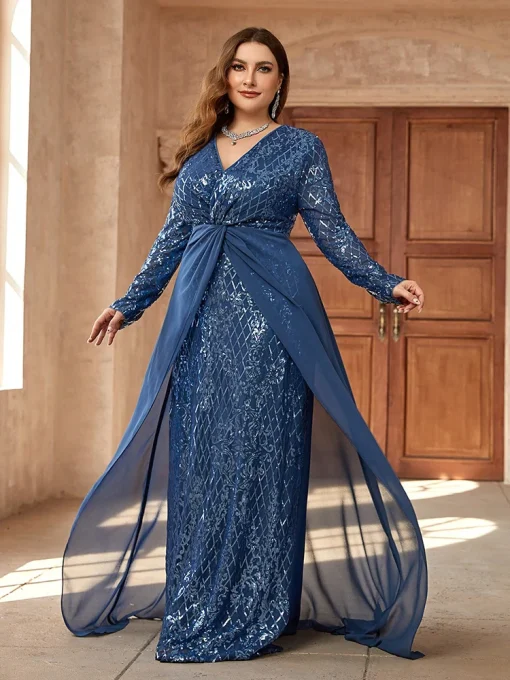 Plus Size Twist Knot Sequin Plaid Evening Gown - Image 6