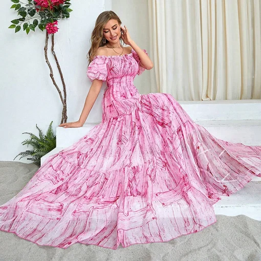 Sexy Pink Off-Shoulder Puff Sleeve Bohemian Maxi Dress - Image 4