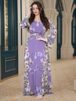Printed Beach Vacation Dress with Long Sleeves for Women