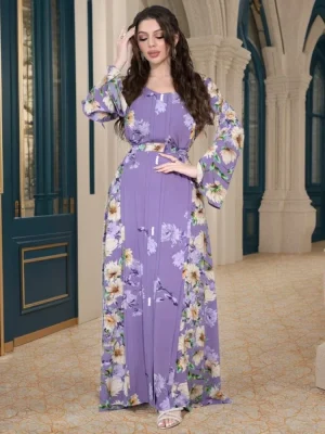 Printed Beach Vacation Dress with Long Sleeves for Women
