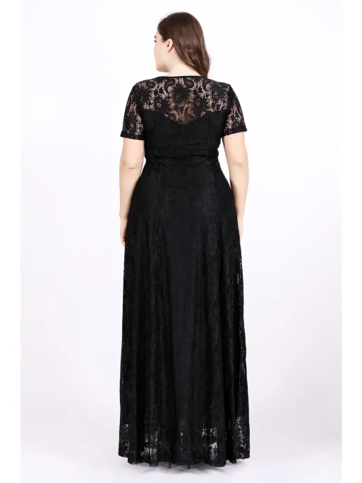 Plus Size Lace Floral Short Sleeve Evening Dress - Image 3