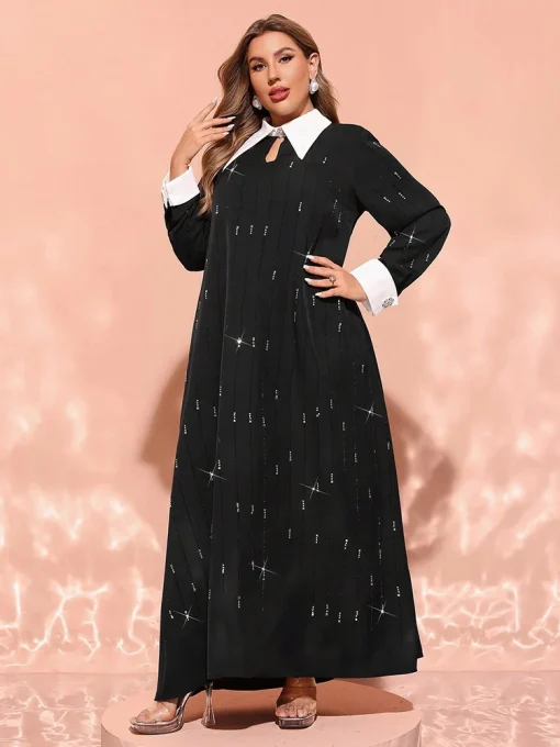 Plus Size Elegant Contrast Color Long Sleeve Maxi Dress - Image 5