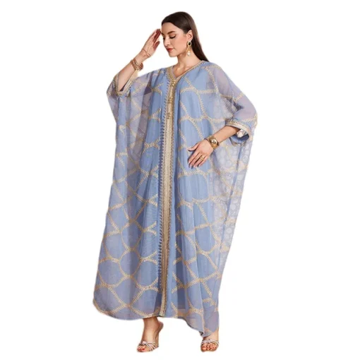 Haze Blue Embroidered Floor-Length Dress with Sleeves - Image 7