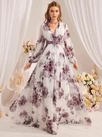 Elegant Floral Mesh Lantern Sleeve Belted Holiday Long Dress