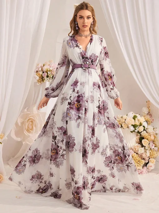 Elegant Floral Mesh Lantern Sleeve Belted Holiday Long Dress