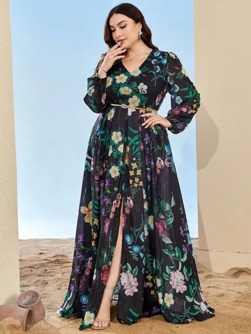 Plus-Size Women Maxi Print Chiffon A-Line Bridesmaid Dress - Image 3