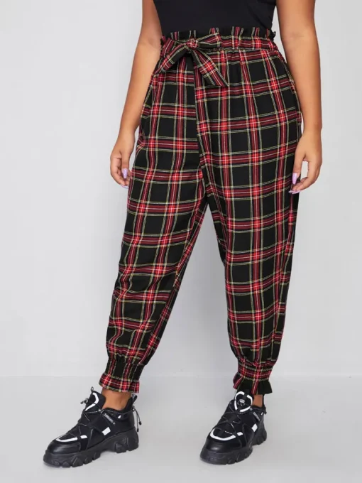 Plus Size Women's Casual Plaid Wide Leg Ruffled Pants - Image 2