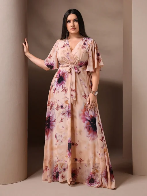 Plus Size Floral Printed Ruffle Sleeve Belted Holiday Dress - Image 4