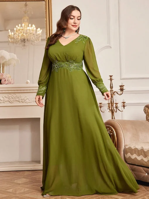 Luxury Elegant Long Sleeve Plus Size Embroidery Maxi Party Dress - Image 5