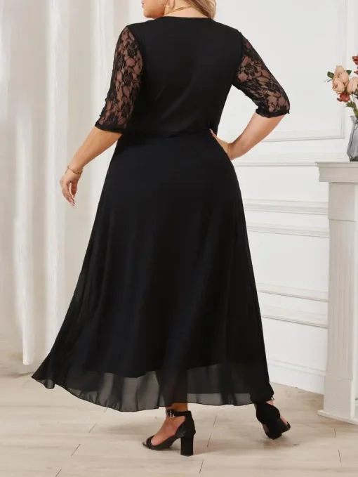 Elegant Plus Size Solid Black Knit Split Summer Dress - Image 2