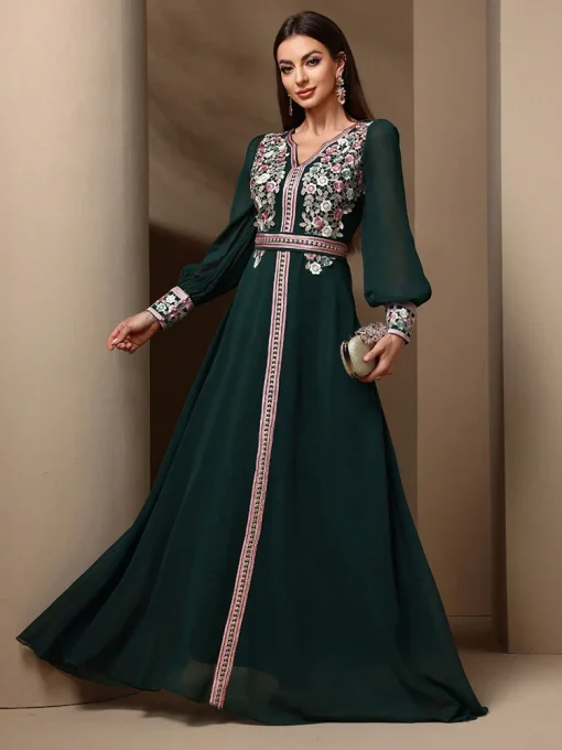 Women's Kaftan Jalabiya Dress with Floral Embroidery