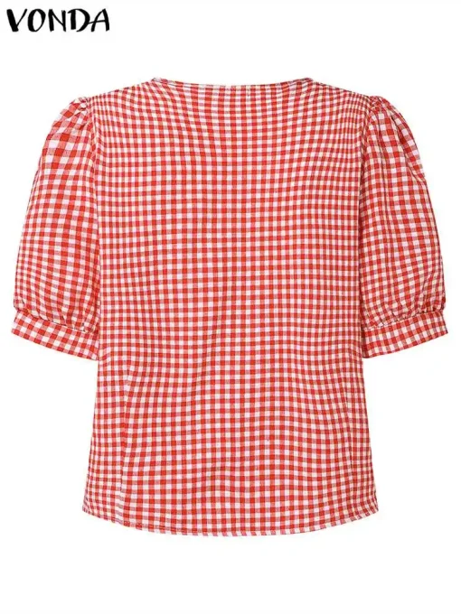 Vintage Plaid Short Sleeve Blouses for Women - Image 5