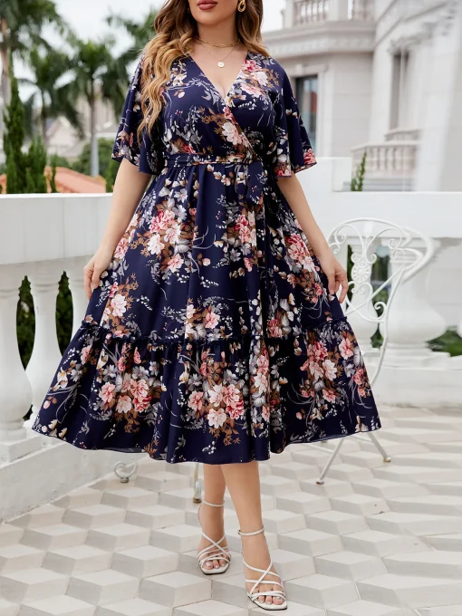 Elegant Plus Size Printed Lace-Up V-Neck Party Dress - Image 3