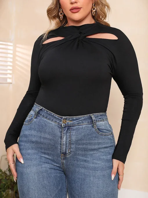 Elegant Plus Size Black Hollow Out Long Sleeve Blouse - Image 2