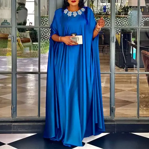 Plus Size Bohemian Satin Maxi Dress with 3/4 Sleeves