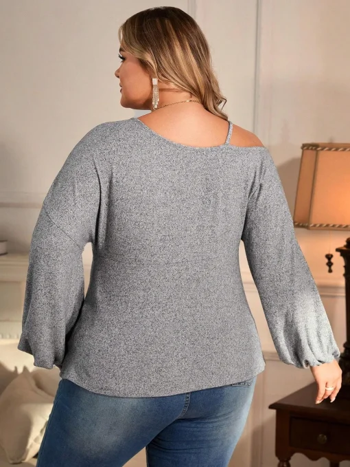 Plus Size Women’s Polo Collar One-Shoulder Long Sleeve T-Shirt