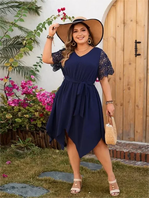 Plus Size Irregular V-Neck Print Casual Party Dress - Image 3