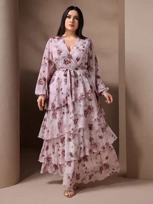 Plus Size V-Neck Floral Print Belted Maxi Dress