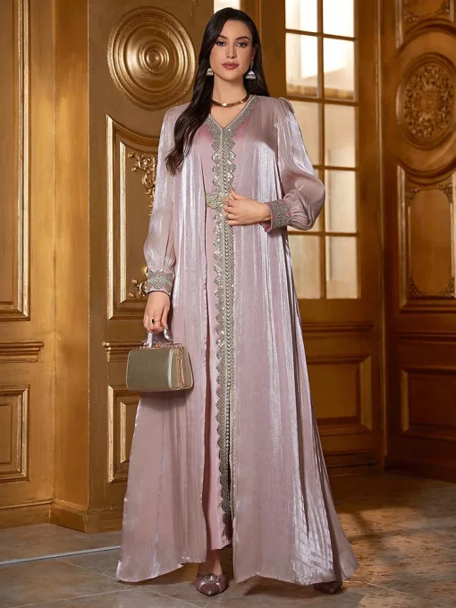 Luxury Elegant Floral Applique Long Sleeve Kaftan Party Dress