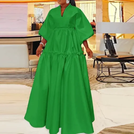 Plus Size Elegant Long Maxi Dress with Lantern Sleeves - Image 6