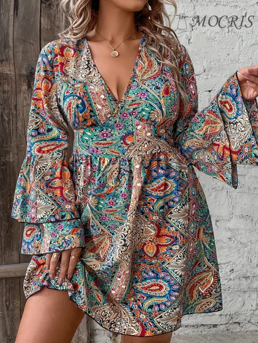 Elegant Plus Size V-Neck Printed Long Sleeve Summer Dress