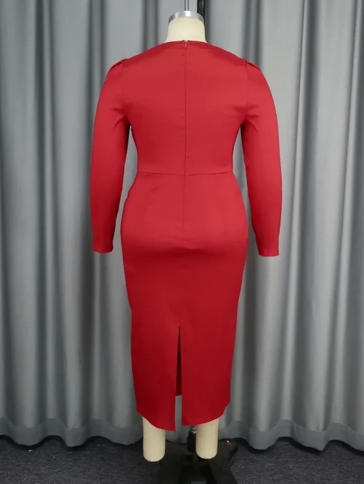 Elegant Shiny Red Bow Tie Long Sleeve Winter Dress - Image 6