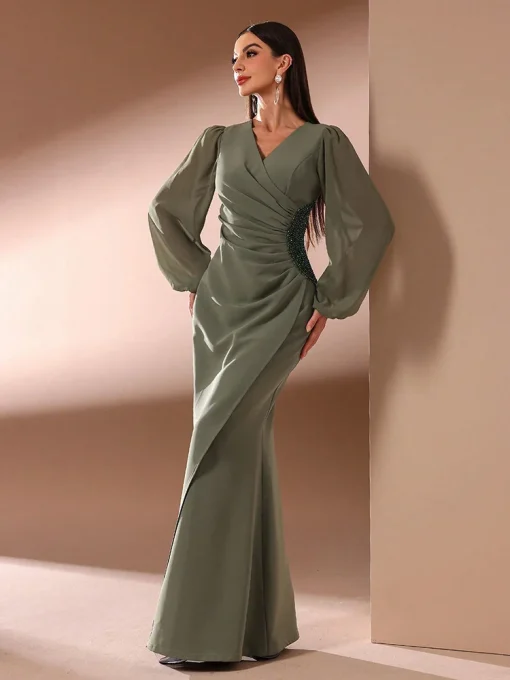 Luxury Women’s Pearl Embellished Ruffle Lantern Sleeve Maxi Dress - Image 3