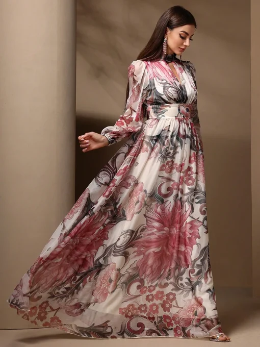 Floral Print Cut-Out Long Sleeve High Waist Summer Maxi Dress - Image 5