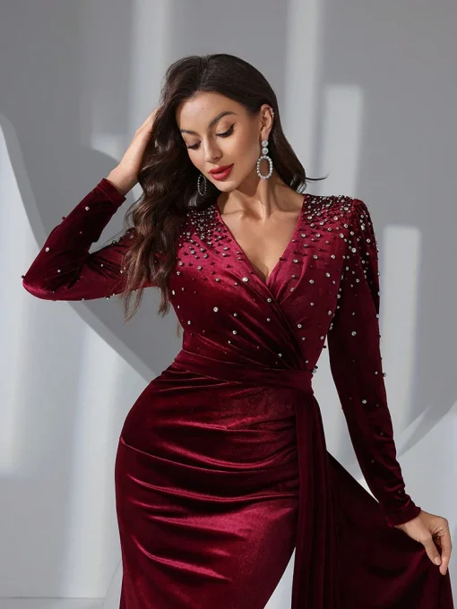 Women Long Sleeve Bead Crystal Embellished Evening Gown - Image 3