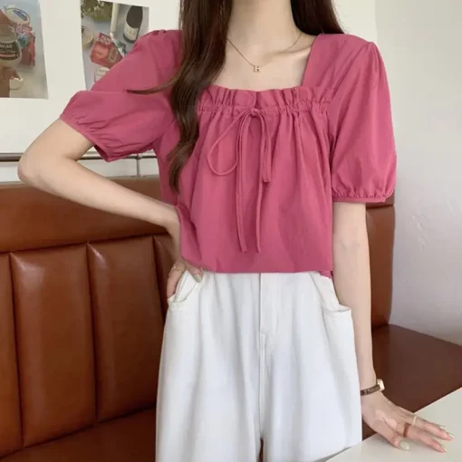 Summer Ruffle Casual Short Sleeve Square Neck Blouse - Image 5