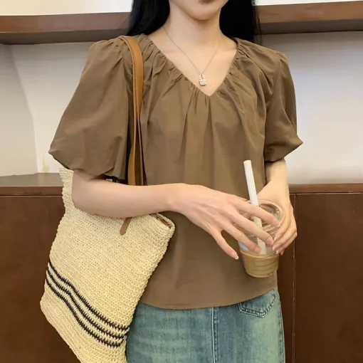 Casual V-Neck Pleated Blouse with Short Puff Sleeves