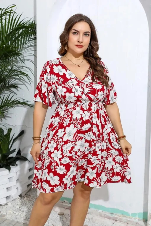 Elegant Plus Size V-Neck Floral Loose Summer Party Dress - Image 3