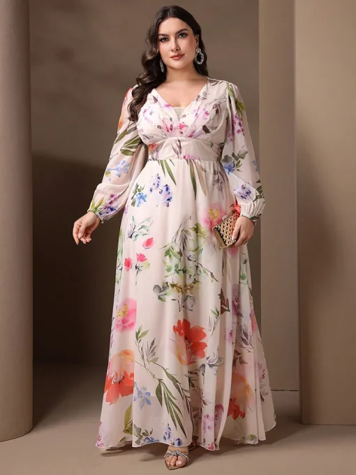 Elegant V-Neck Floral Mesh Plus Size Long Sleeve Dress - Image 4