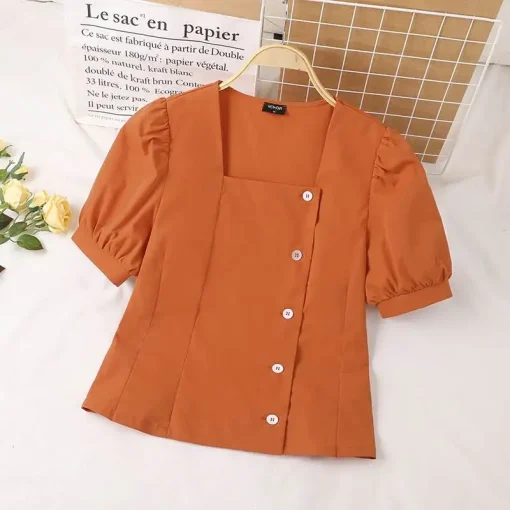 Women's Summer Puff Sleeve Square Collar Blouse - Image 5