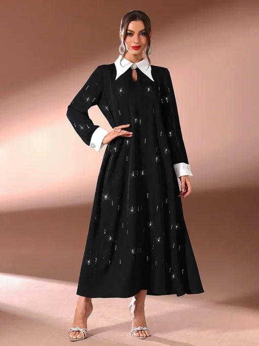 Elegant Diamond Detail Long Sleeve Contrast Collar Party Dress - Image 6