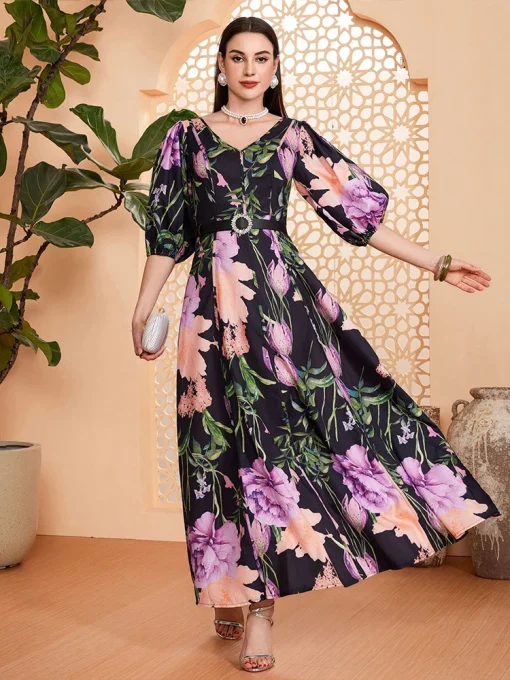 Boho Style Printed Floor-Length V-Neck Party Dress - Image 5