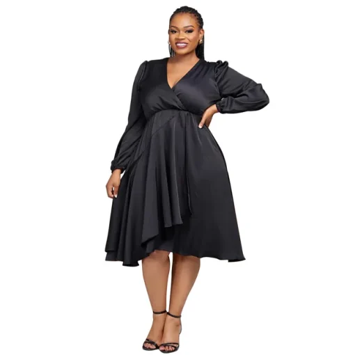 Plus Size Bohemian Black Midi Dress Long Sleeve Casual - Image 6