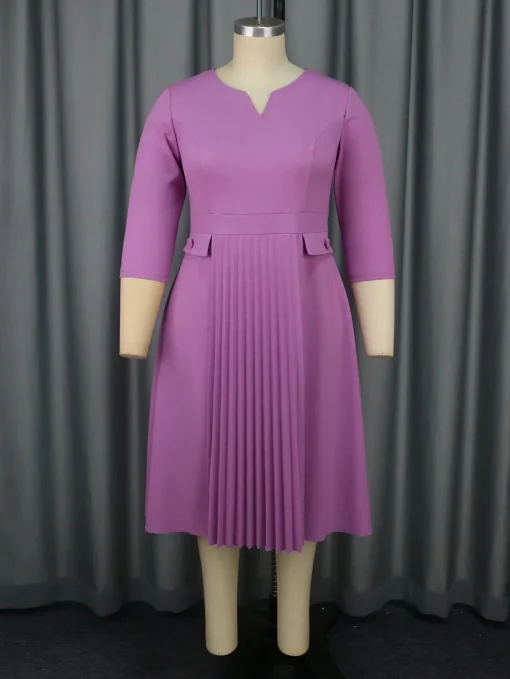 Plus Size Purple Pleated Midi V-Neck 3/4 Sleeve Dress - Image 2