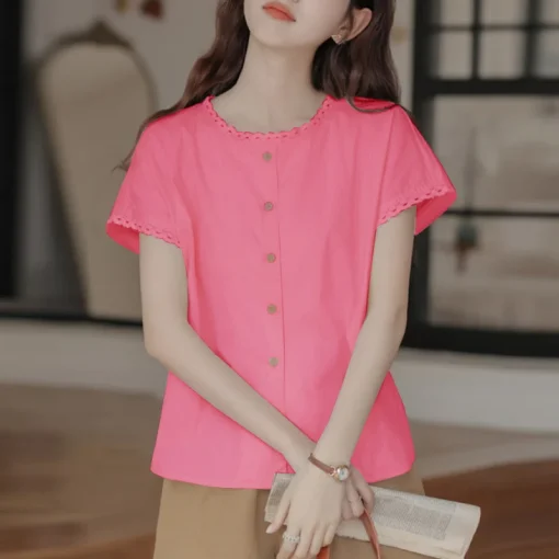 Casual Solid Color Short Sleeve Summer Blouse for Women