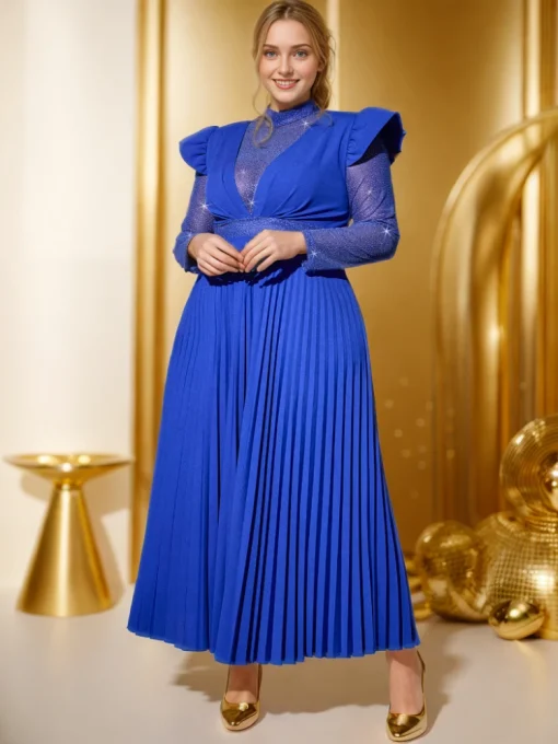 Blue High Neck See-Through Mesh Pleated Evening Party Dress