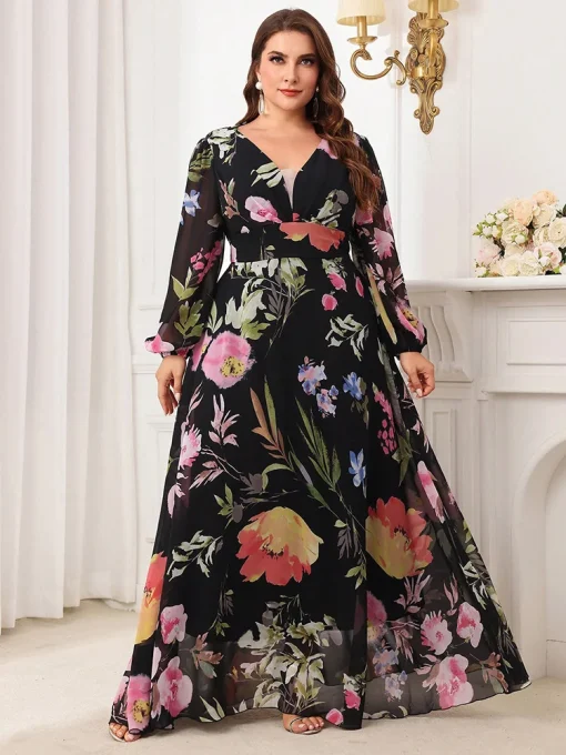 Plus Size Floral Printed V-Neck Long Sleeve Maxi Dress