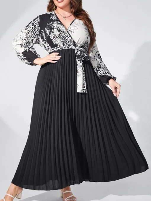 Retro V-Neck Long Sleeve Printed High Waist Casual Dress - Image 4