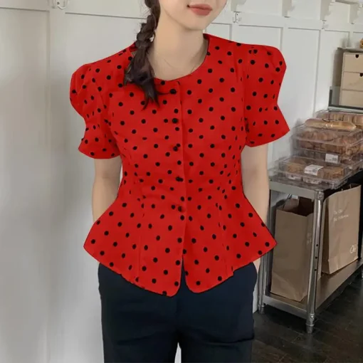 Elegant Polka Dot Summer Blouse with Puff Sleeves