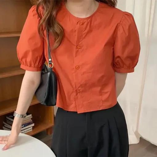 Casual Loose Pleated Short Sleeve Round Neck Blouse - Image 9