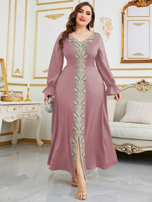 Plus-Size Women V-neck Loose Maxi Muslim Middle East Dress