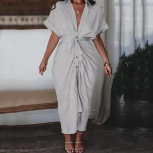 Plus Size Women’s Solid Color Pleated Shirt Dress