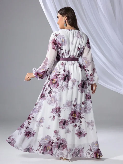 Plus Size Floral Print V-Neck Long Sleeve Maxi Dress - Image 2