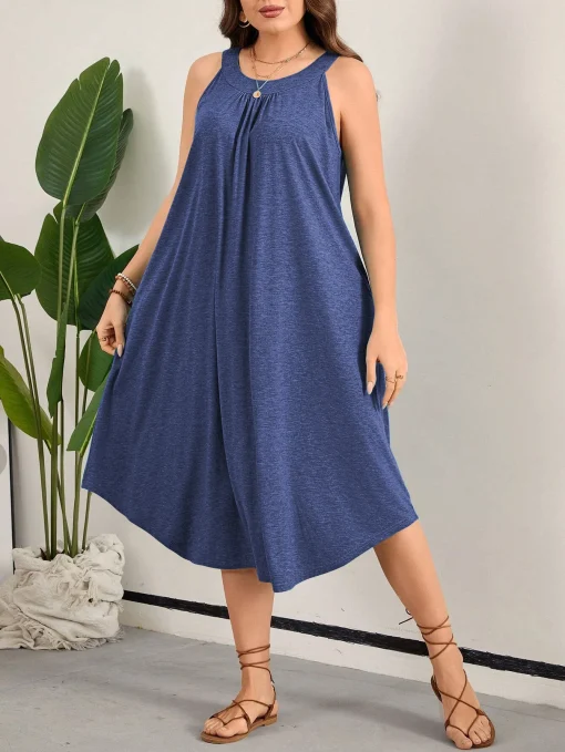 Elegant Plus Size Sleeveless Solid O-Neck Beach Dress - Image 4