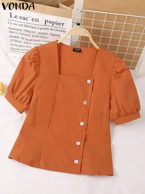 Women's Summer Puff Sleeve Square Collar Blouse - Image 2